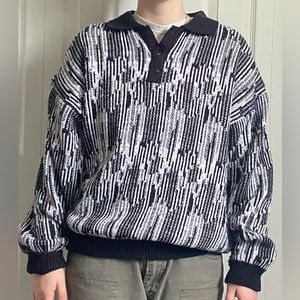 Black and white quarter button sweater with collar